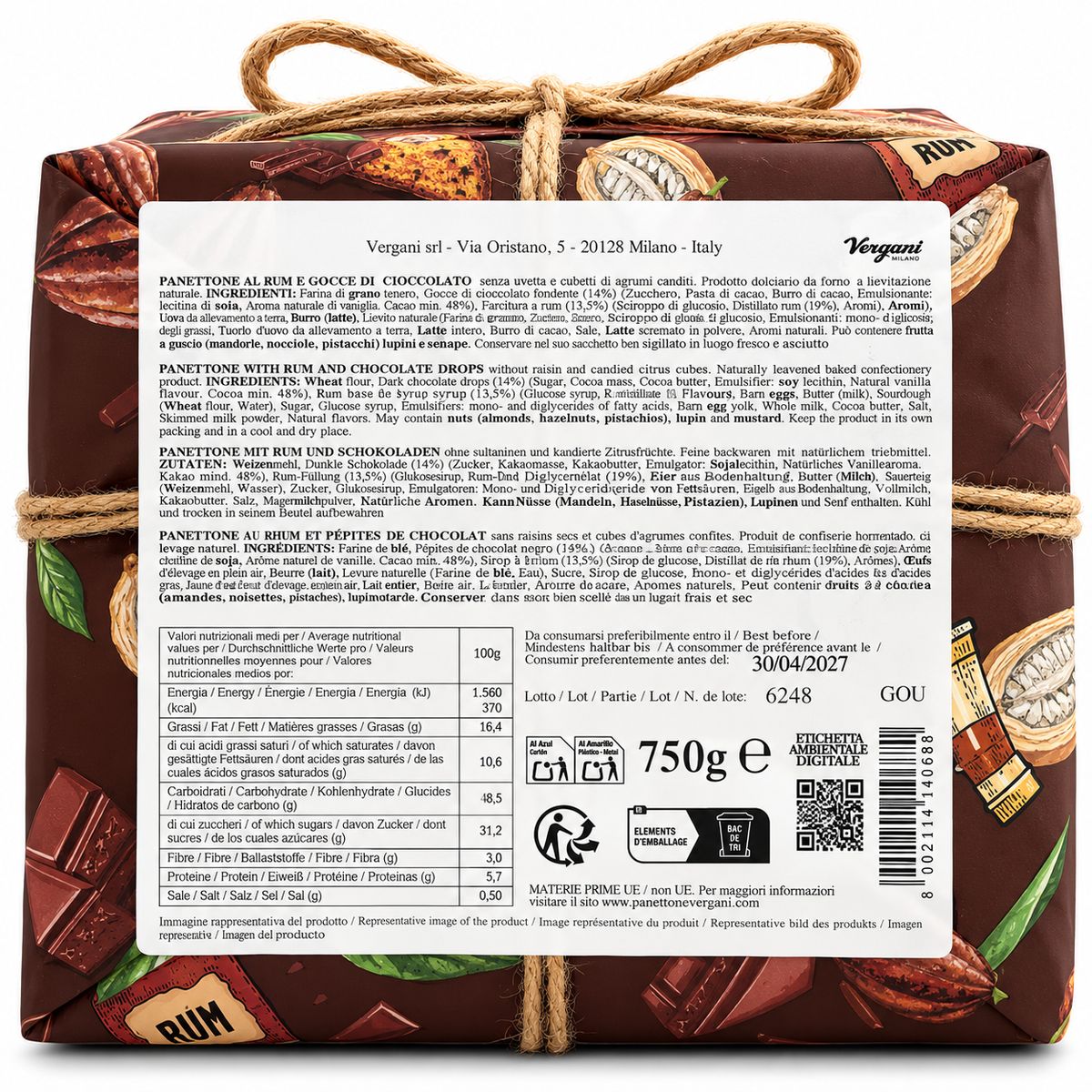 Vergani Panettone Rum e Cioccolato 750 g