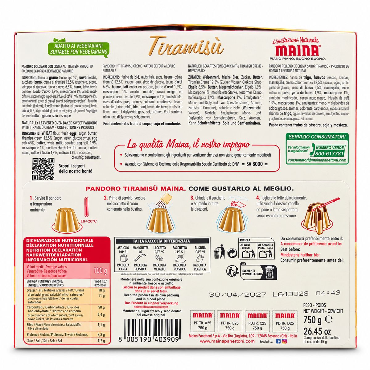 Maina Il Golosone Pandoro TiramisĂş 750 g