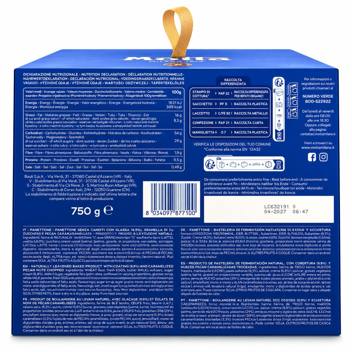 Motta Panettone Malaga con Uvetta e Noci Pecan 750 g