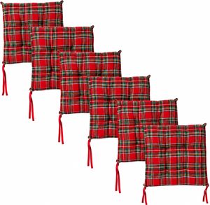 Set 6 Cuscini Coprisedie Natalizi Tartan Scozzese a 4 Punti con Lacci